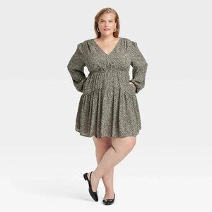 A New Day Women's Leopard Print Dress Mini A-Line V-Neck Balloon Sleeve 4X NWT